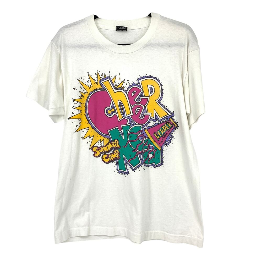 Vintage 90s Cheer Camp Leader Graphic Tee Unisex Size Large White Short Sleeve